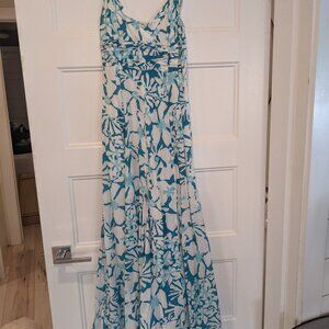 Beautiful Full Length Teal, Light Blue, White Summer Floral Ruffle Dress